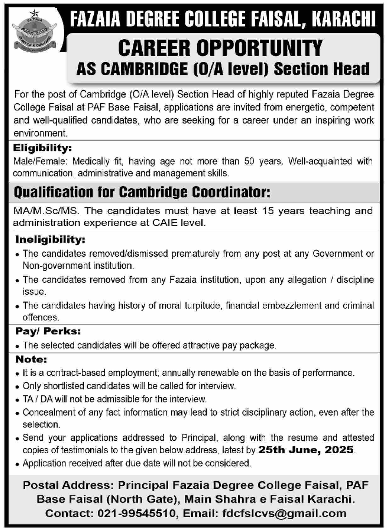 Latest jobs in Fazaia Degree College Karachi 2025